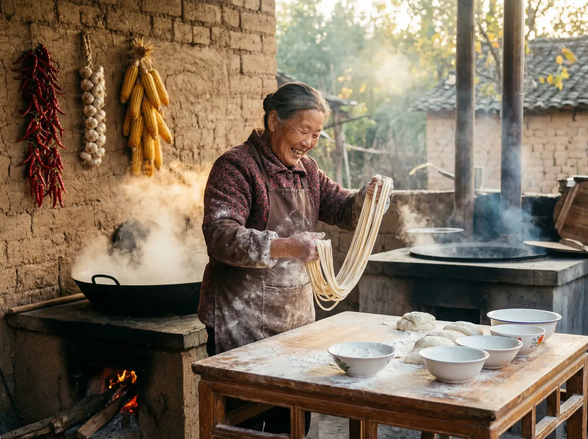 农家大嫂手擀面 - 坐公交车失去了第一次 乡村美食